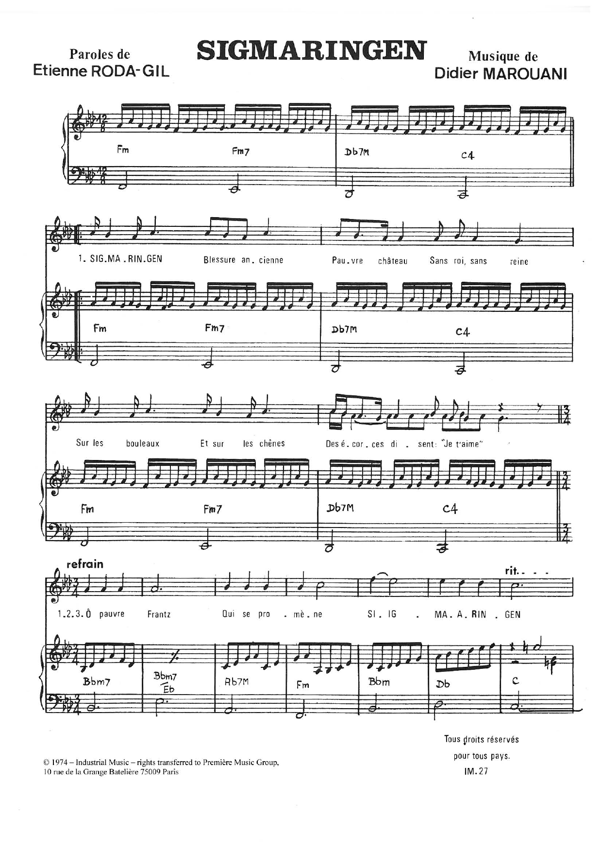 Learn to play Didier Marouani Sigmaringen sheet music for Piano & Vocal in minutes. Price: 7.8900$ Didier Marouani Sigmaringen sheet music notes and chords arranged for Piano & Vocal