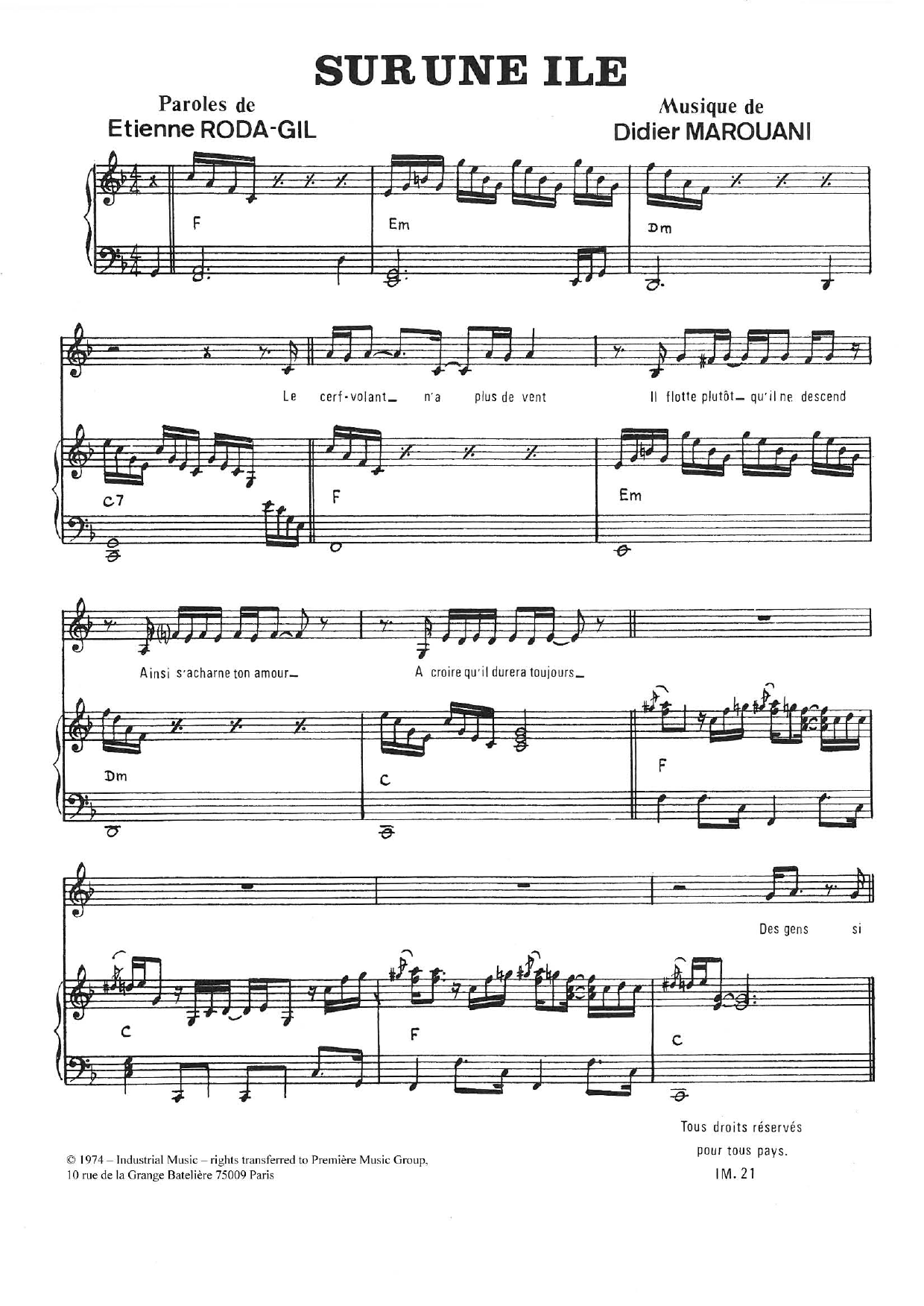 Learn to play Didier Marouani Sur Une Île sheet music for Piano & Vocal in minutes. Price: 7.8900$ Didier Marouani Sur Une Île sheet music notes and chords arranged for Piano & Vocal