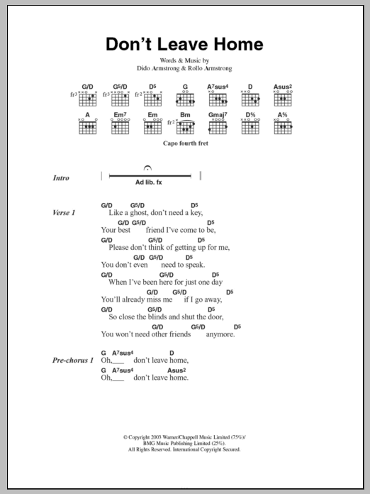 Dido Don't Leave Home sheet music notes and chords. Download Printable PDF.