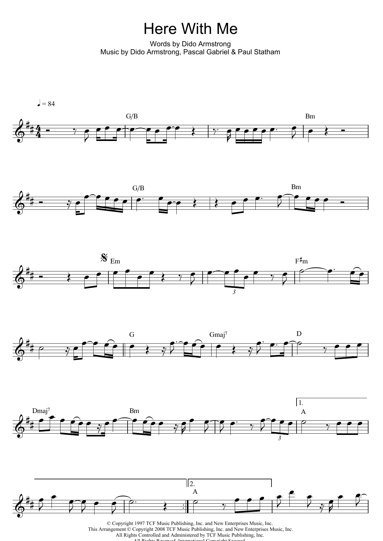 Dido Here With Me sheet music notes and chords. Download Printable PDF.