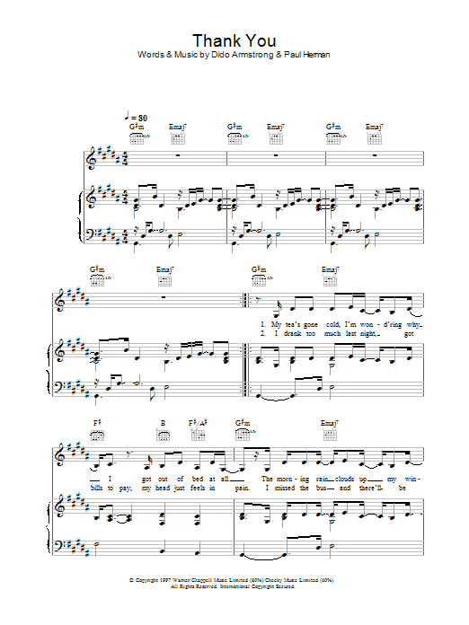 Dido Thank You sheet music notes and chords. Download Printable PDF.