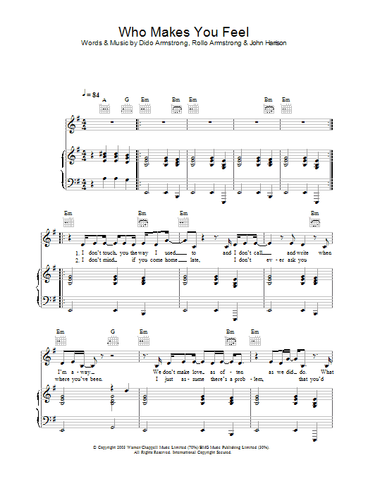Learn to play Dido Who Makes You Feel sheet music for Piano, Vocal & Guitar Chords in minutes. Price: 7.8900$ Dido Who Makes You Feel sheet music notes and chords arranged for Piano, Vocal & Guitar Chords