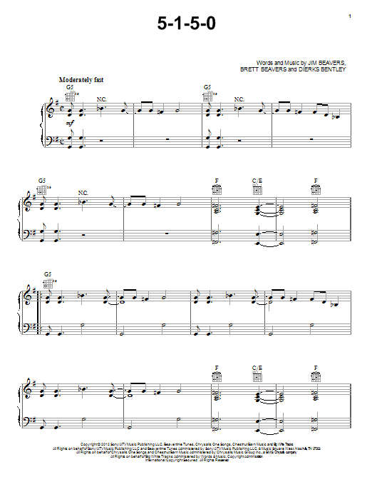 Learn to play Dierks Bentley 5-1-5-0 sheet music for Piano, Vocal & Guitar Chords (Right-Hand Melody) in minutes. Price: 7.8900$ Dierks Bentley 5-1-5-0 sheet music notes and chords arranged for Piano, Vocal & Guitar Chords (Right-Hand Melody)