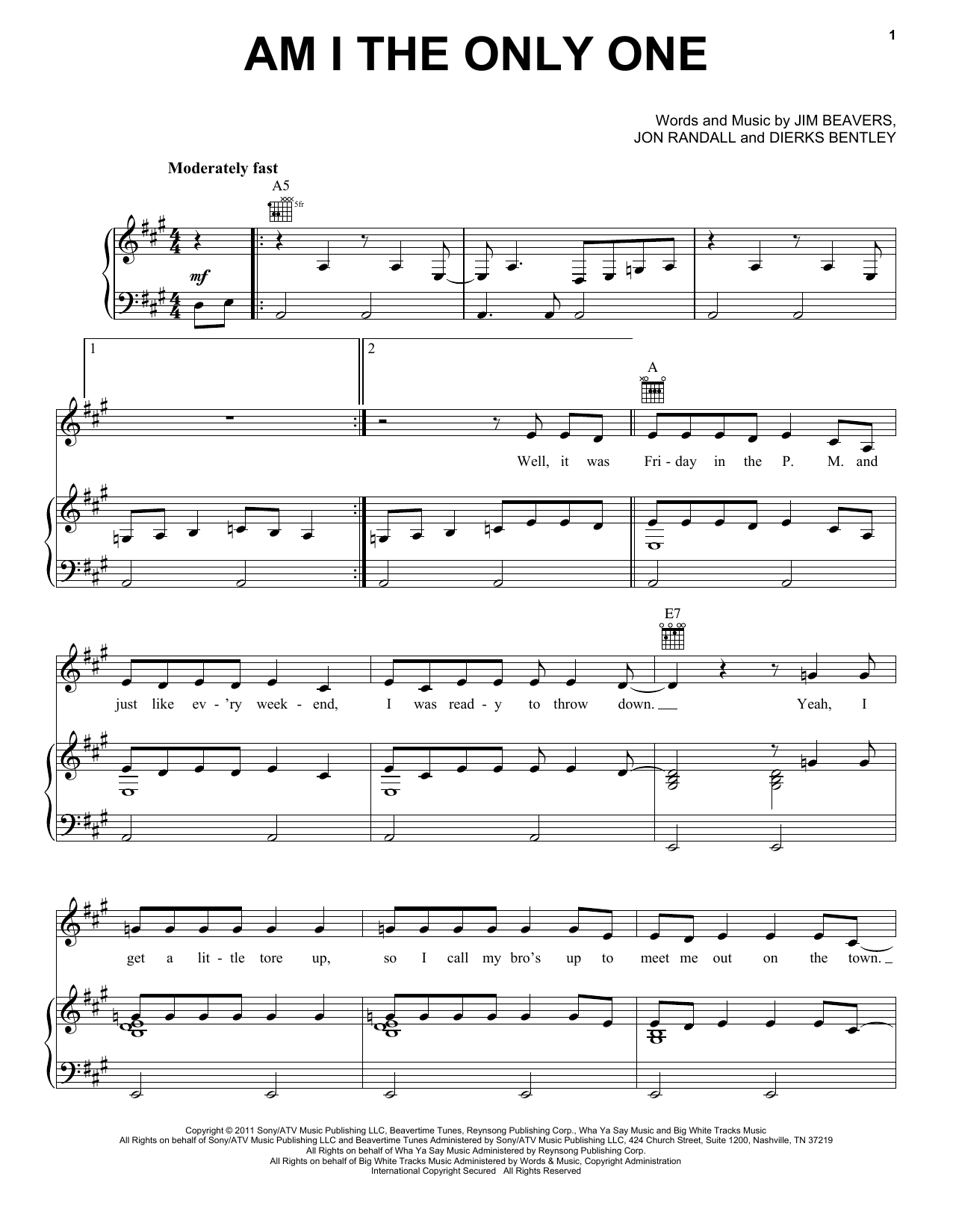 Learn to play Dierks Bentley Am I The Only One sheet music for Piano, Vocal & Guitar Chords (Right-Hand Melody) in minutes. Price: 7.8900$ Dierks Bentley Am I The Only One sheet music notes and chords arranged for Piano, Vocal & Guitar Chords (Right-Hand Melody)