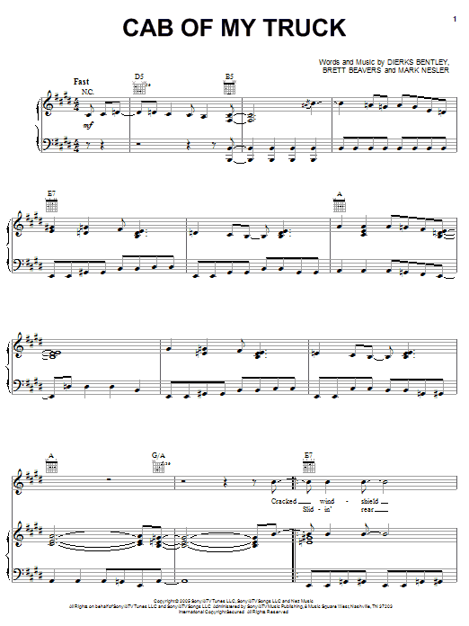 Learn to play Dierks Bentley Cab Of My Truck sheet music for Piano, Vocal & Guitar Chords (Right-Hand Melody) in minutes. Price: 7.8900$ Dierks Bentley Cab Of My Truck sheet music notes and chords arranged for Piano, Vocal & Guitar Chords (Right-Hand Melody)