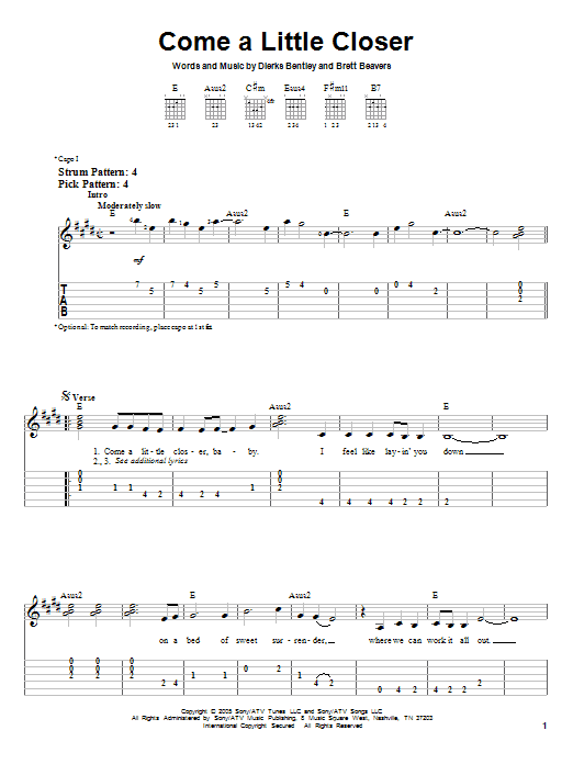 Dierks Bentley Come A Little Closer sheet music notes and chords. Download Printable PDF.