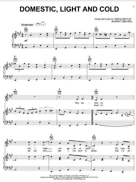 Learn to play Dierks Bentley Domestic, Light And Cold sheet music for Piano, Vocal & Guitar Chords (Right-Hand Melody) in minutes. Price: 7.8900$ Dierks Bentley Domestic, Light And Cold sheet music notes and chords arranged for Piano, Vocal & Guitar Chords (Right-Hand Melody)