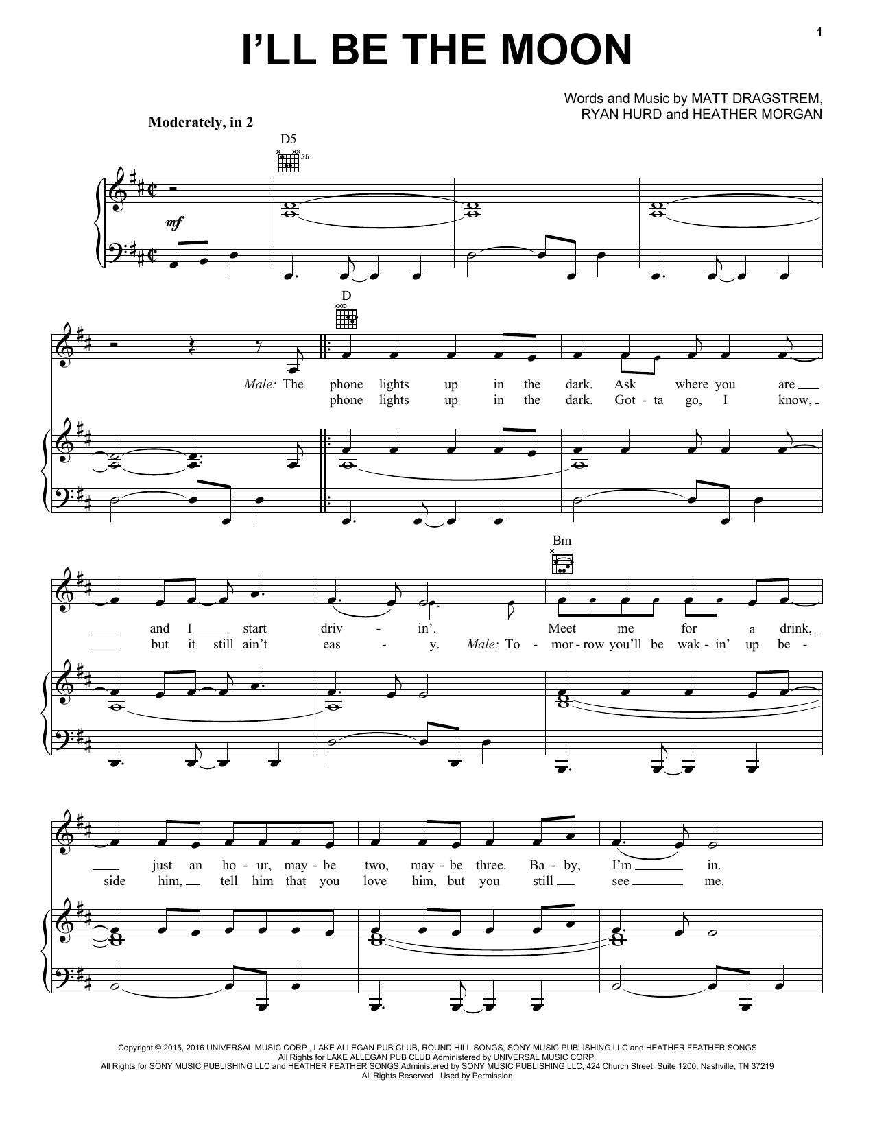 Learn to play Dierks Bentley & Maren Morris I'll Be The Moon sheet music for Piano, Vocal & Guitar Chords (Right-Hand Melody) in minutes. Price: 7.8900$ Dierks Bentley & Maren Morris I'll Be The Moon sheet music notes and chords arranged for Piano, Vocal & Guitar Chords (Right-Hand Melody)