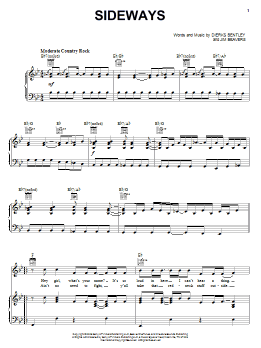 Learn to play Dierks Bentley Sideways sheet music for Piano, Vocal & Guitar Chords (Right-Hand Melody) in minutes. Price: 7.8900$ Dierks Bentley Sideways sheet music notes and chords arranged for Piano, Vocal & Guitar Chords (Right-Hand Melody)