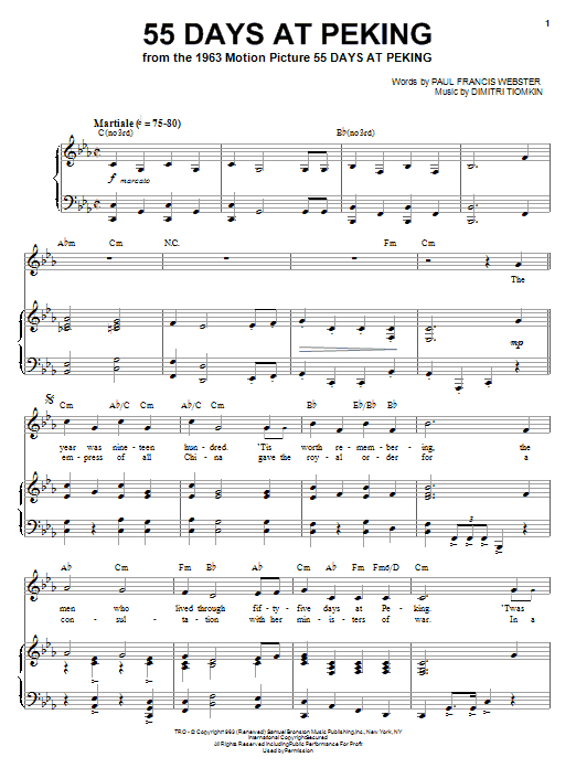Learn to play Dimitri Tiomkin 55 Days At Peking sheet music for Piano, Vocal & Guitar Chords (Right-Hand Melody) in minutes. Price: 7.8900$ Dimitri Tiomkin 55 Days At Peking sheet music notes and chords arranged for Piano, Vocal & Guitar Chords (Right-Hand Melody)