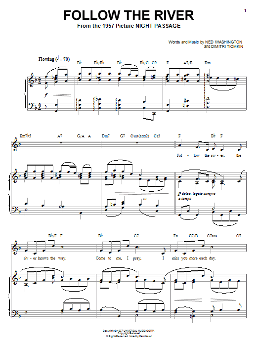Learn to play Dimitri Tiomkin Follow The River sheet music for Piano, Vocal & Guitar Chords (Right-Hand Melody) in minutes. Price: 7.8900$ Dimitri Tiomkin Follow The River sheet music notes and chords arranged for Piano, Vocal & Guitar Chords (Right-Hand Melody)