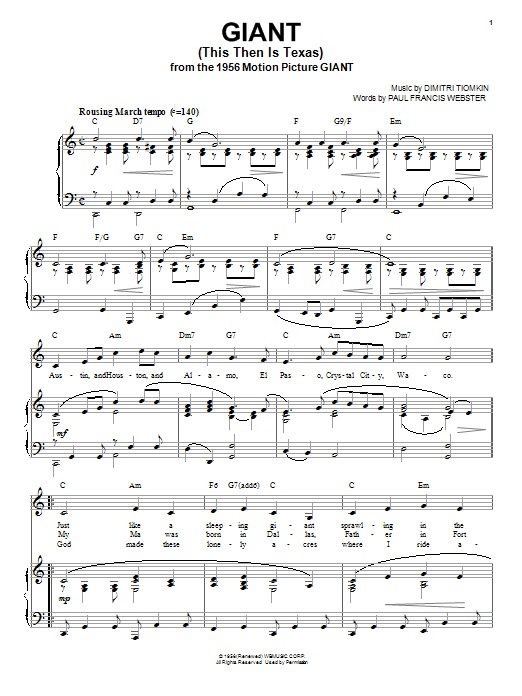 Learn to play Dimitri Tiomkin Giant (This Then Is Texas) sheet music for Piano, Vocal & Guitar Chords (Right-Hand Melody) in minutes. Price: 7.8900$ Dimitri Tiomkin Giant (This Then Is Texas) sheet music notes and chords arranged for Piano, Vocal & Guitar Chords (Right-Hand Melody)