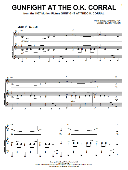 Learn to play Dimitri Tiomkin Gunfight At The O.K. Corral sheet music for Piano, Vocal & Guitar Chords (Right-Hand Melody) in minutes. Price: 7.8900$ Dimitri Tiomkin Gunfight At The O.K. Corral sheet music notes and chords arranged for Piano, Vocal & Guitar Chords (Right-Hand Melody)