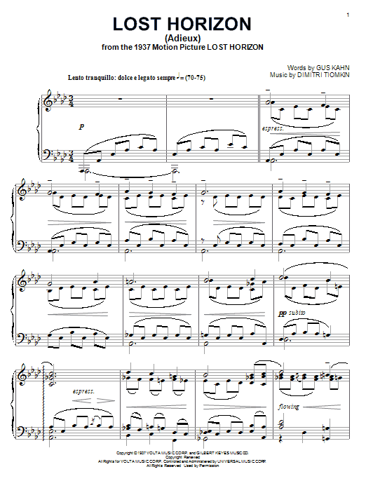 Learn to play Dimitri Tiomkin Lost Horizon sheet music for Piano Solo in minutes. Price: 7.8900$ Dimitri Tiomkin Lost Horizon sheet music notes and chords arranged for Piano Solo