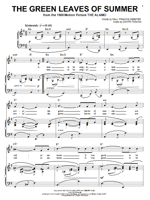 Dimitri Tiomkin The Green Leaves Of Summer sheet music notes and chords. Download Printable PDF.