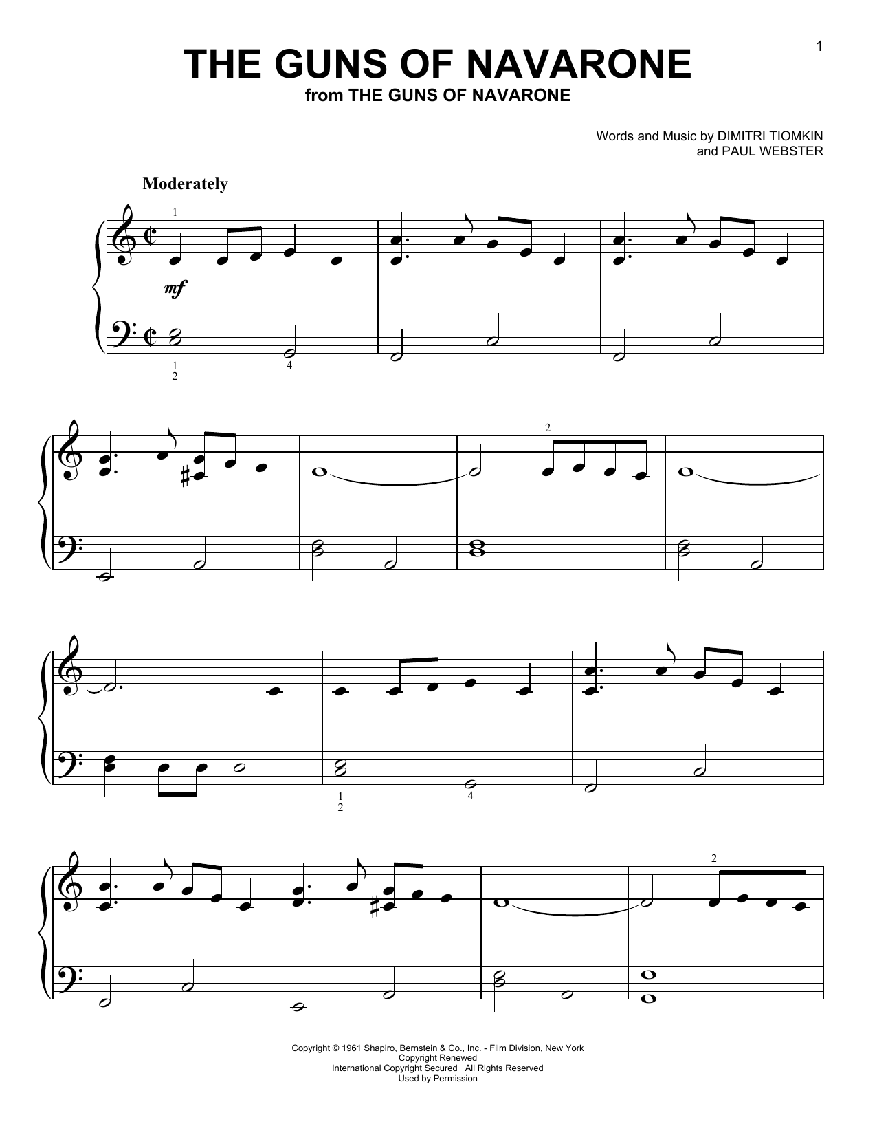 Dimitri Tiomkin The Guns Of Navarone (from The Guns of Navarone) sheet music notes and chords. Download Printable PDF.