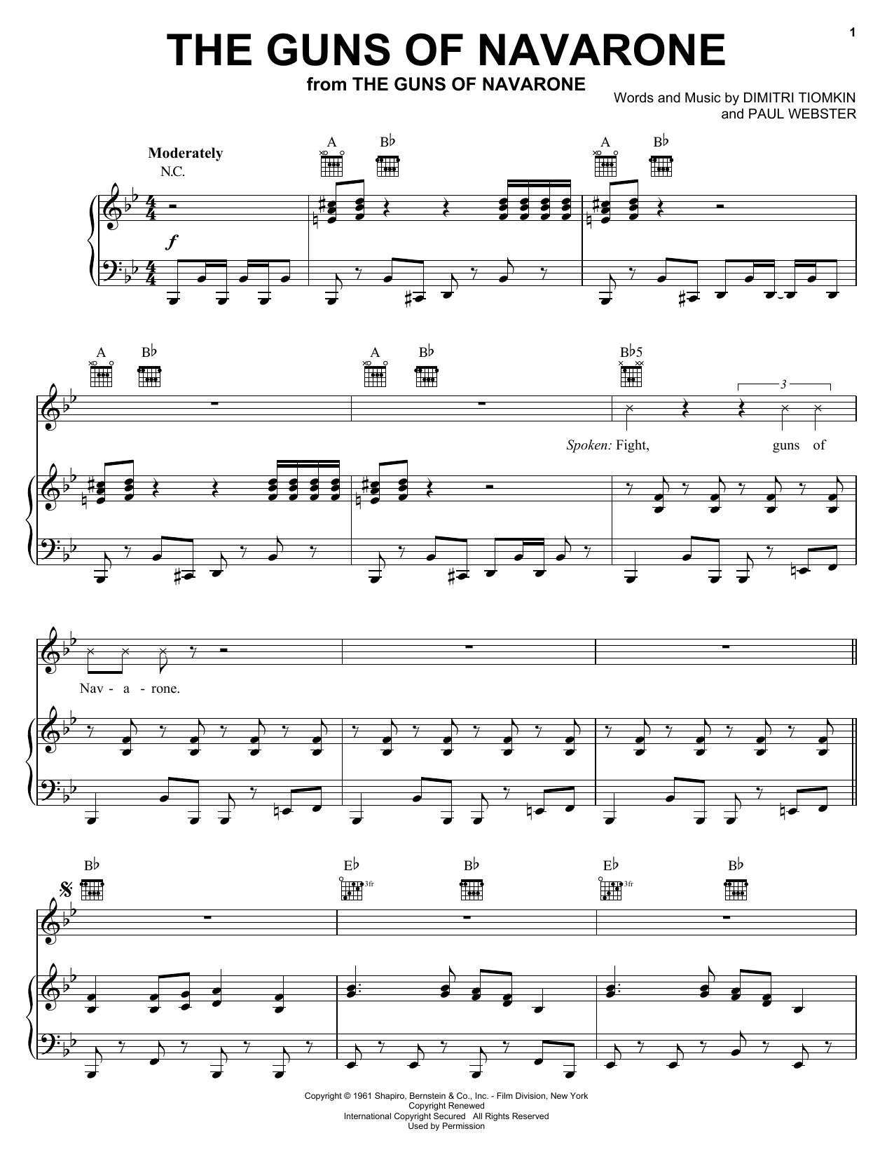 Dimitri Tiomkin The Guns Of Navarone sheet music notes and chords. Download Printable PDF.