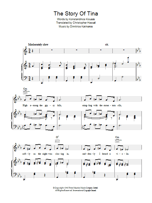 Learn to play Dimitrios Katrivanos The Story Of Tina sheet music for Piano, Vocal & Guitar Chords in minutes. Price: 7.8900$ Dimitrios Katrivanos The Story Of Tina sheet music notes and chords arranged for Piano, Vocal & Guitar Chords