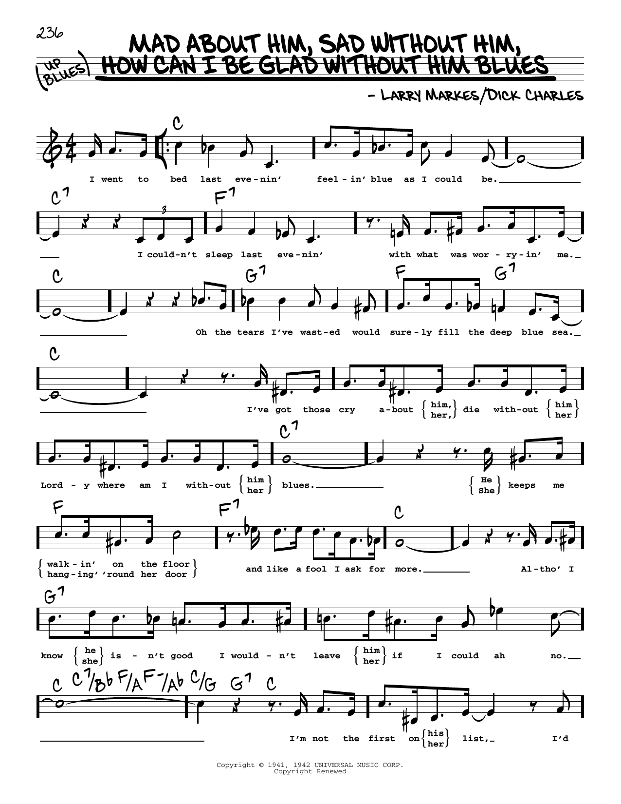 Learn to play Dinah Shore Mad About Him, Sad Without Him, How Can I Be Glad Without Him Blues (High Voice) sheet music for Real Book – Melody, Lyrics & Chords in minutes. Price: 5.9900$ Dinah Shore Mad About Him, Sad Without Him, How Can I Be Glad Without Him Blues (High Voice) sheet music notes and chords arranged for Real Book – Melody, Lyrics & Chords