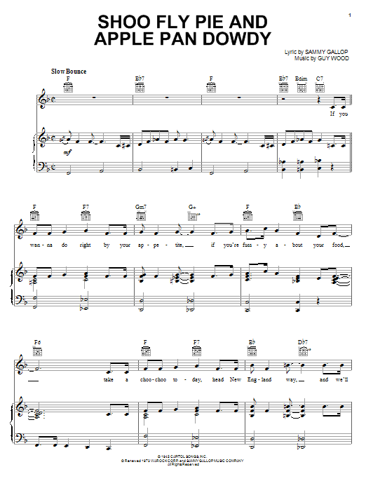 Learn to play Dinah Shore Shoo Fly Pie And Apple Pan Dowdy sheet music for Piano, Vocal & Guitar Chords (Right-Hand Melody) in minutes. Price: 7.8900$ Dinah Shore Shoo Fly Pie And Apple Pan Dowdy sheet music notes and chords arranged for Piano, Vocal & Guitar Chords (Right-Hand Melody)