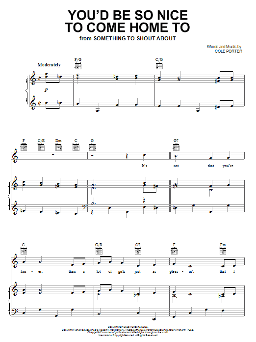Learn to play Dinah Shore You'd Be So Nice To Come Home To sheet music for Piano, Vocal & Guitar Chords (Right-Hand Melody) in minutes. Price: 7.8900$ Dinah Shore You'd Be So Nice To Come Home To sheet music notes and chords arranged for Piano, Vocal & Guitar Chords (Right-Hand Melody)