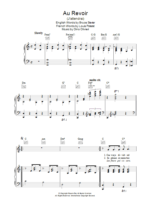 Dino Oliveri Au Revoir (J'attendrai) sheet music notes and chords arranged for Piano, Vocal & Guitar Chords