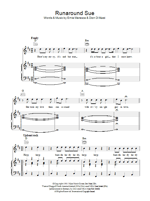 Dion Runaround Sue sheet music notes and chords. Download Printable PDF.