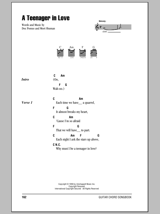 Dion & The Belmonts A Teenager In Love sheet music notes and chords. Download Printable PDF.