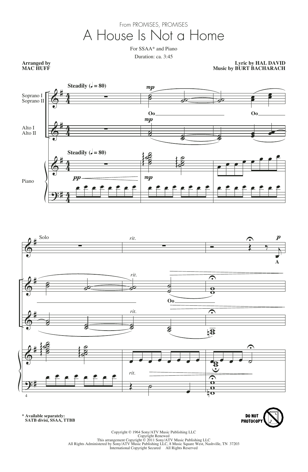 Dionne Warwick A House Is Not A Home (arr. Mac Huff) sheet music notes and chords arranged for SSAA Choir