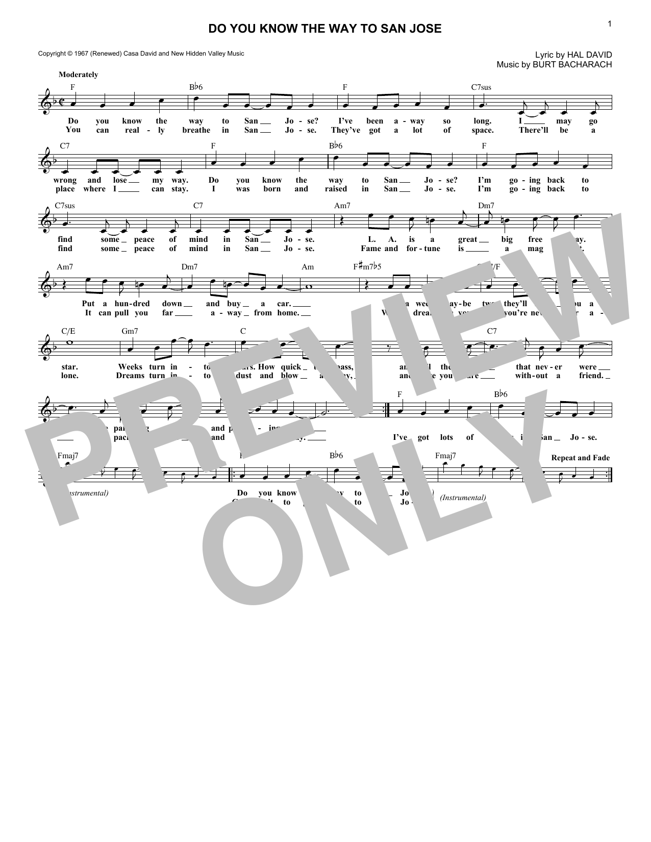 Dionne Warwick Do You Know The Way To San Jose sheet music notes and chords. Download Printable PDF.