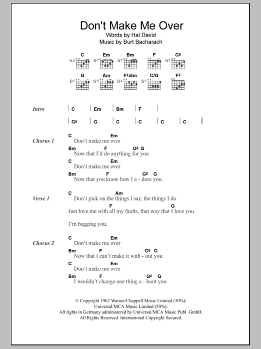 Dionne Warwick Don't Make Me Over sheet music notes and chords arranged for Guitar Chords/Lyrics