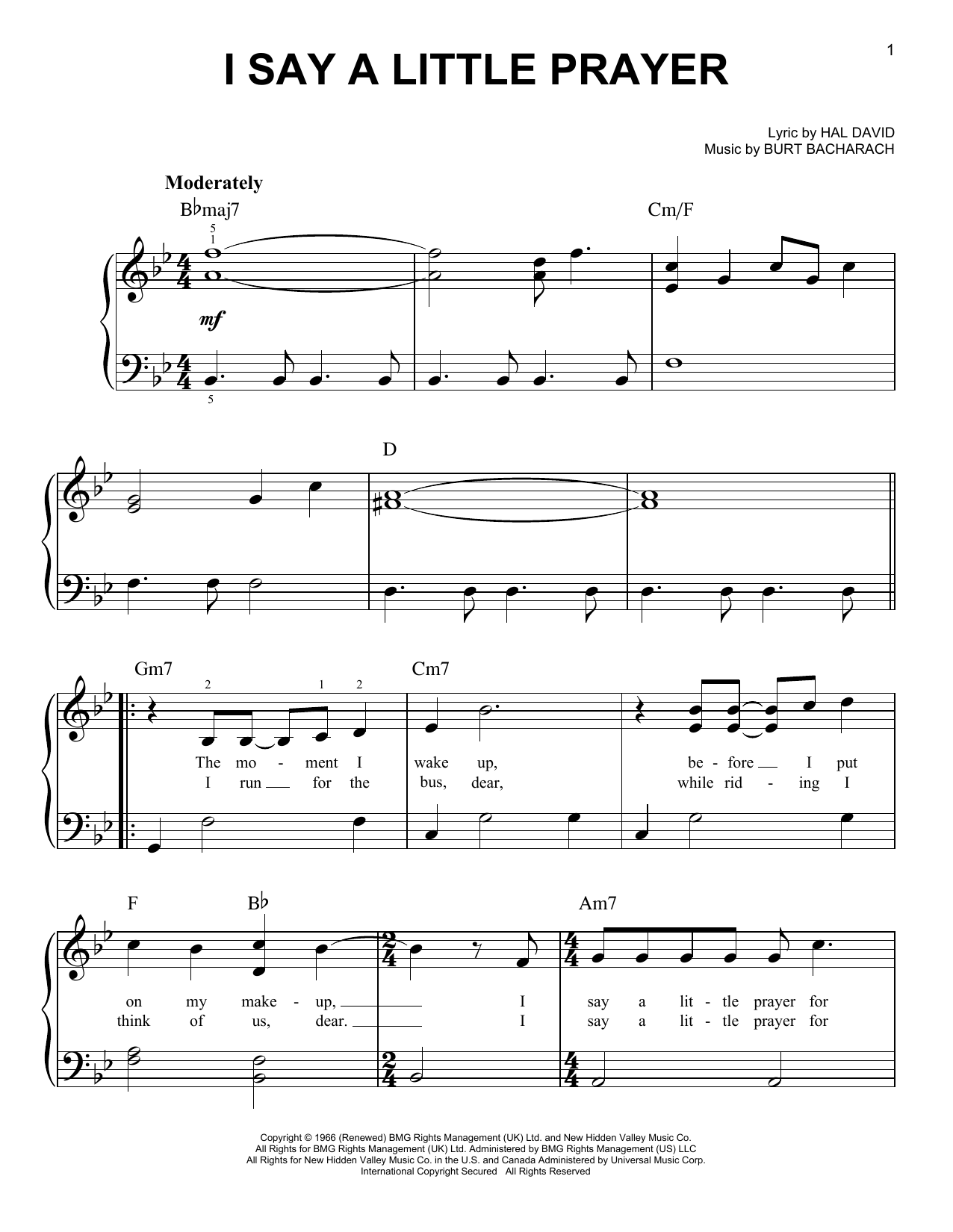 Dionne Warwick I Say A Little Prayer sheet music notes and chords. Download Printable PDF.