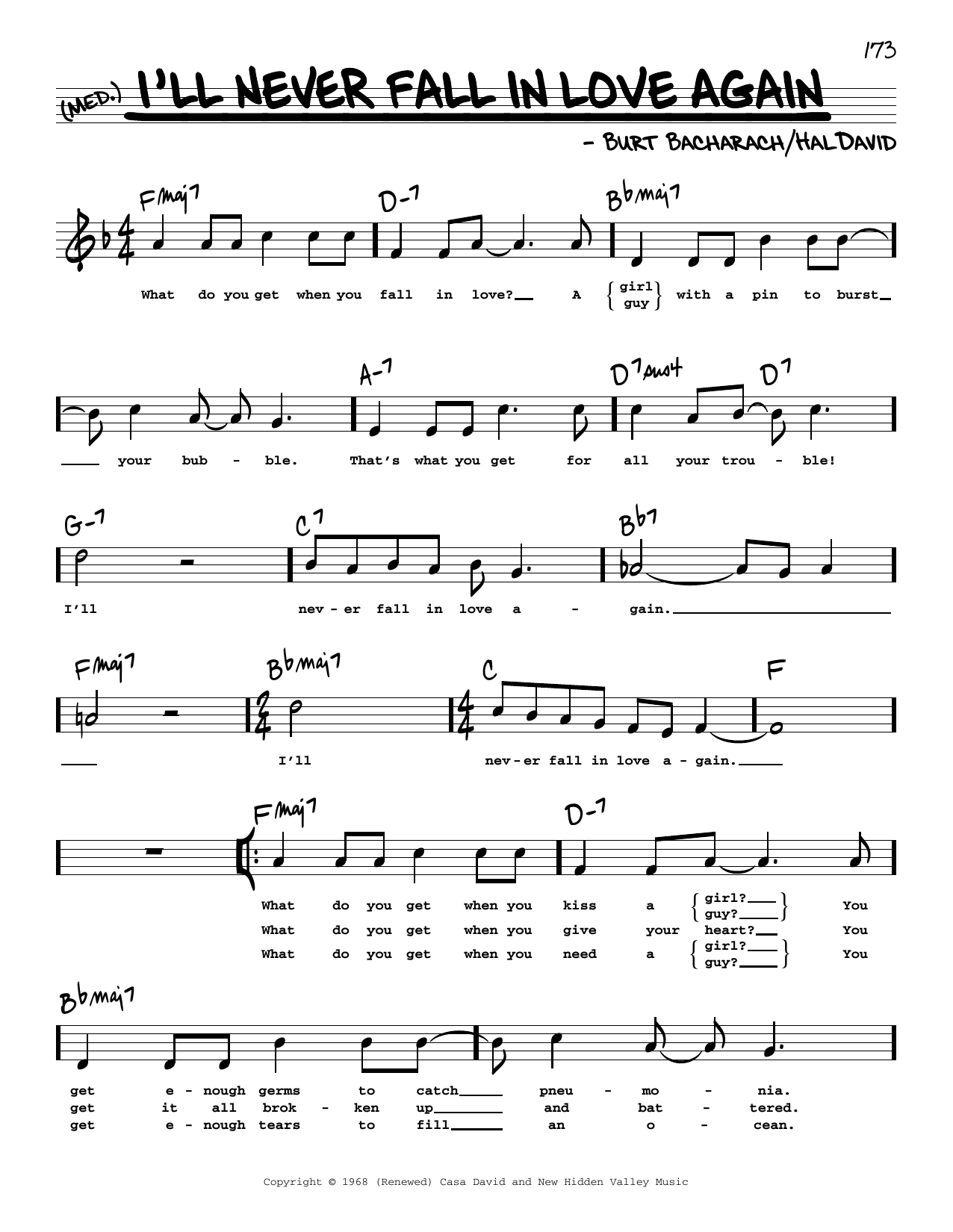 Learn to play Dionne Warwick I'll Never Fall In Love Again (High Voice) (from Promises, Promises) sheet music for Real Book – Melody, Lyrics & Chords in minutes. Price: 5.9900$ Dionne Warwick I'll Never Fall In Love Again (High Voice) (from Promises, Promises) sheet music notes and chords arranged for Real Book – Melody, Lyrics & Chords