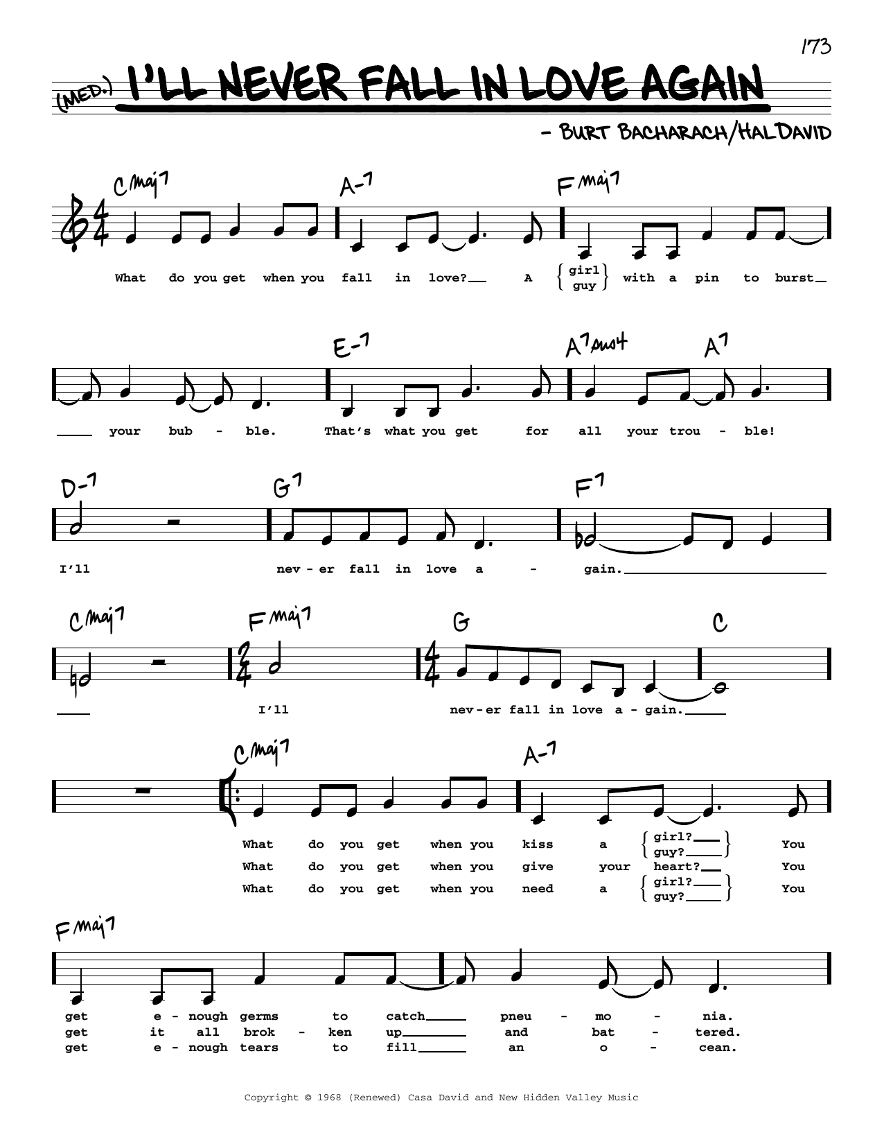 Dionne Warwick I'll Never Fall In Love Again (Low Voice) sheet music notes and chords. Download Printable PDF.