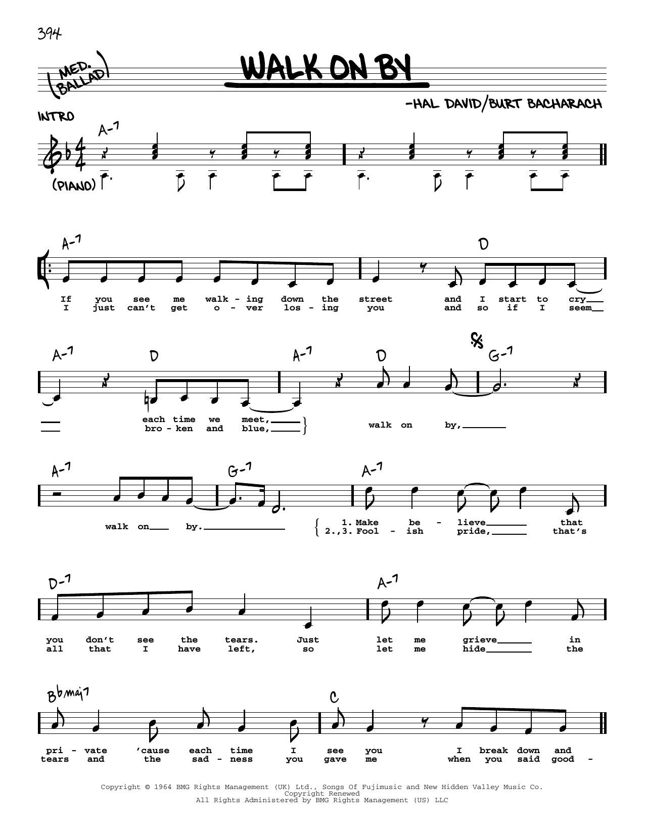 Dionne Warwick Walk On By sheet music notes and chords. Download Printable PDF.