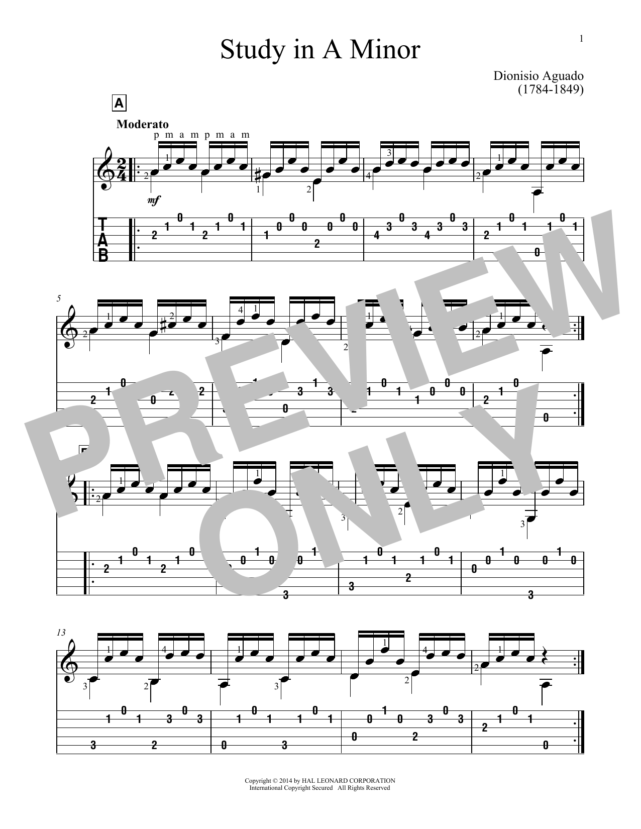 Dionisio Aguado Study In A Minor sheet music notes and chords. Download Printable PDF.