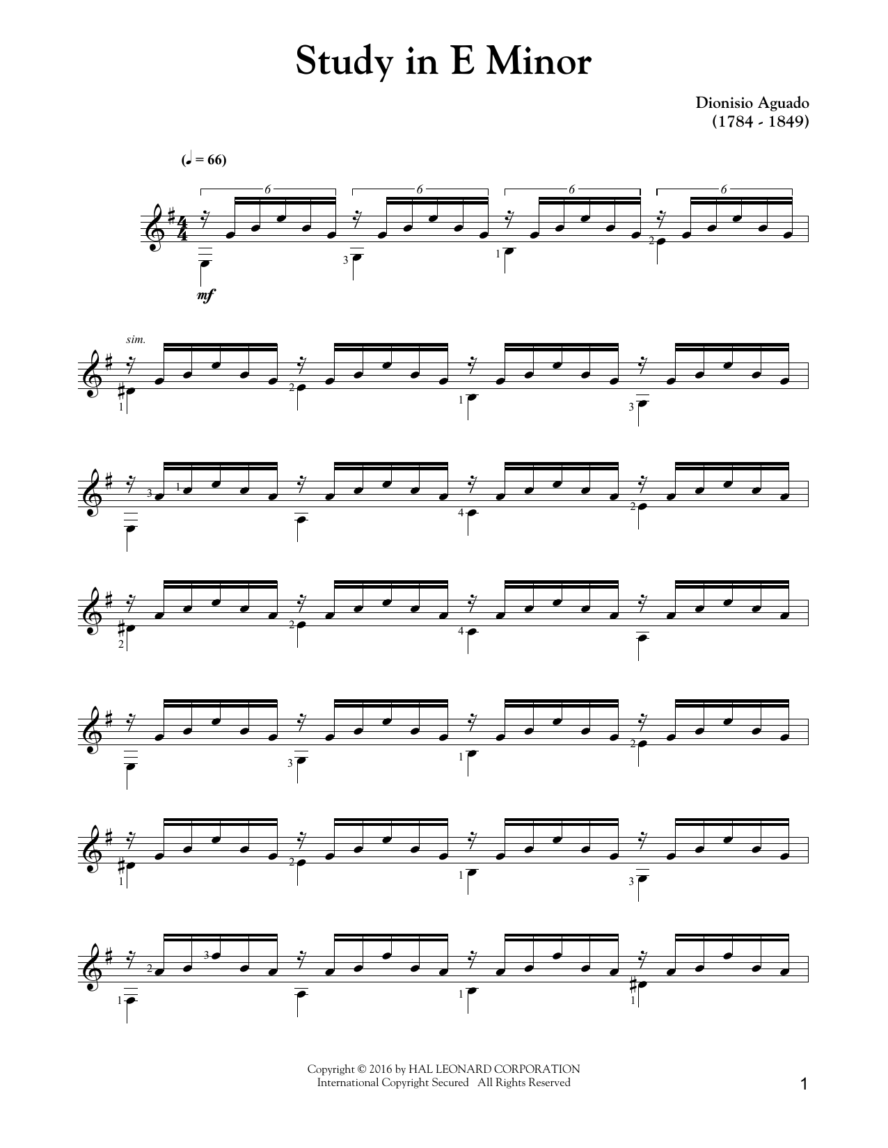 Dionisio Aguado Study In E Minor sheet music notes and chords. Download Printable PDF.