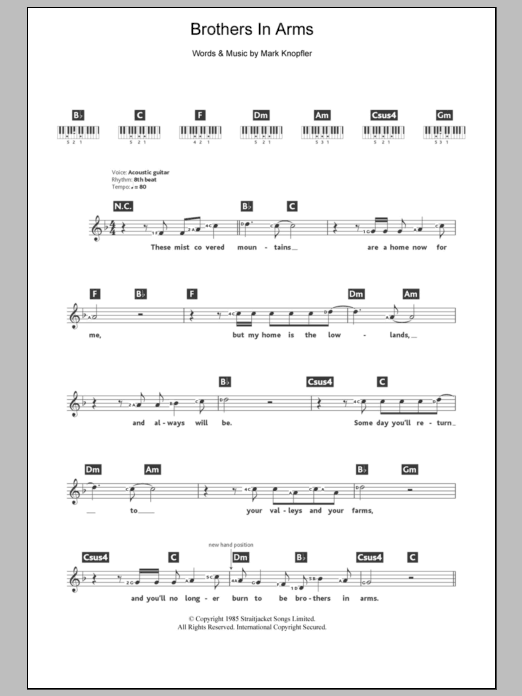 Dire Straits Brothers In Arms sheet music notes and chords. Download Printable PDF.