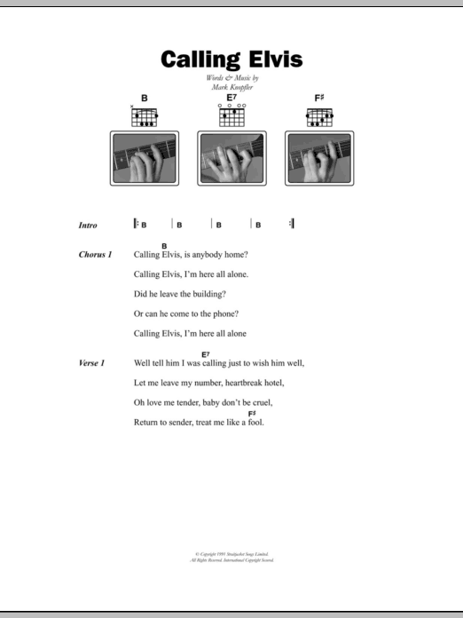 Learn to play Dire Straits Calling Elvis sheet music for Guitar Tab in minutes. Price: 7.8900$ Dire Straits Calling Elvis sheet music notes and chords arranged for Guitar Tab