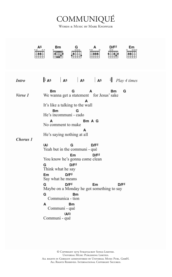 Dire Straits Communique sheet music notes and chords. Download Printable PDF.