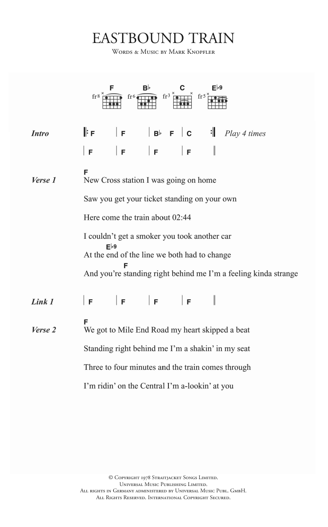 Dire Straits Eastbound Train sheet music notes and chords. Download Printable PDF.