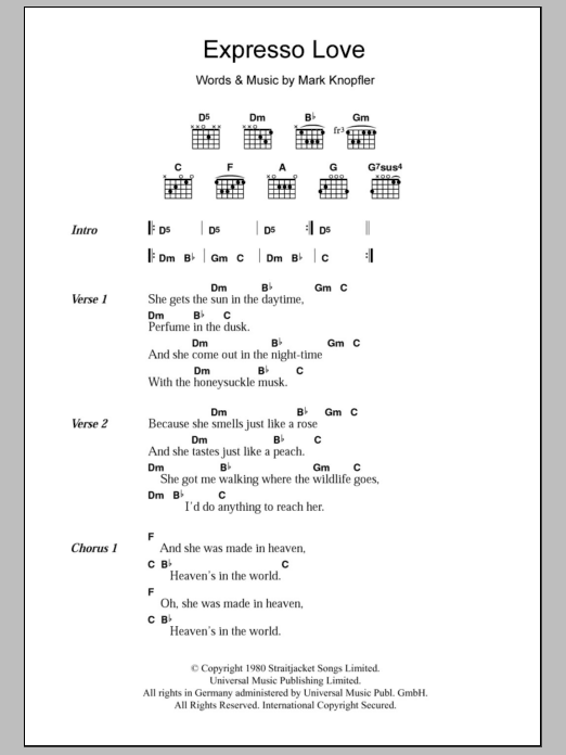 Dire Straits Expresso Love sheet music notes and chords arranged for Guitar Chords/Lyrics