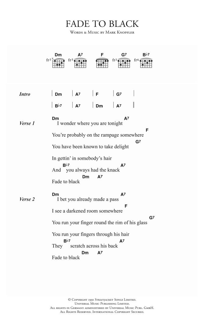 Dire Straits Fade To Black sheet music notes and chords. Download Printable PDF.