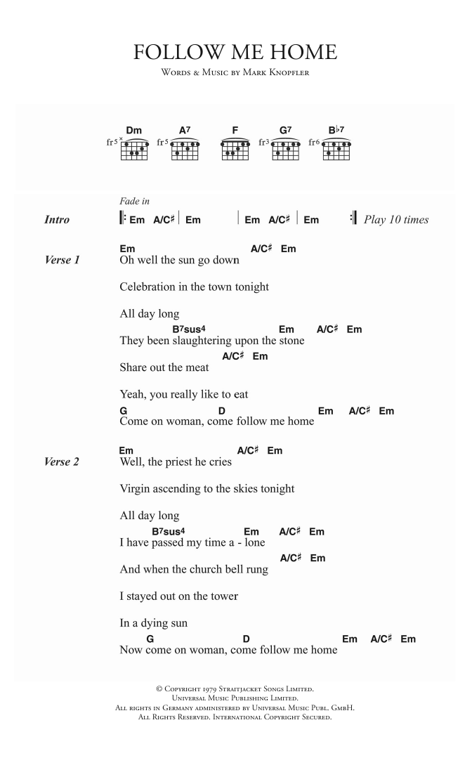 Dire Straits Follow Me Home sheet music notes and chords. Download Printable PDF.