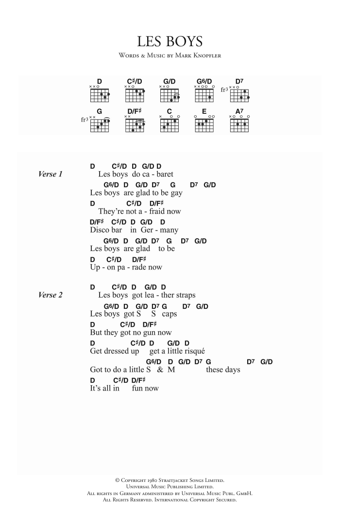 Dire Straits Les Boys sheet music notes and chords. Download Printable PDF.