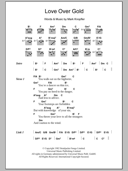 Dire Straits Love Over Gold sheet music notes and chords. Download Printable PDF.