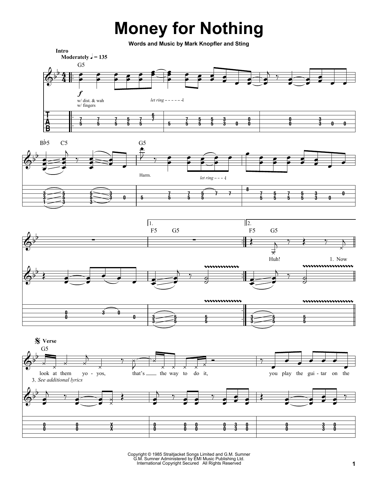 Dire Straits Money For Nothing sheet music notes and chords. Download Printable PDF.