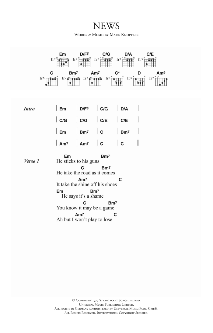 Dire Straits News sheet music notes and chords. Download Printable PDF.