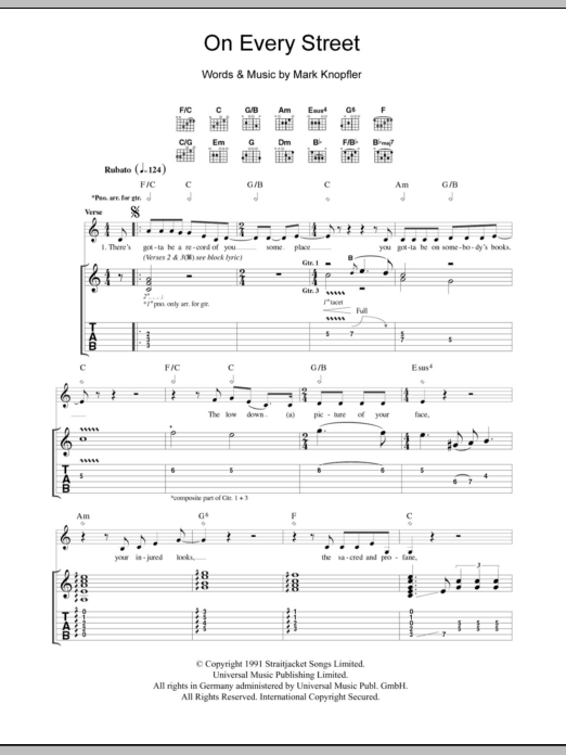 Learn to play Dire Straits On Every Street sheet music for Guitar Tab in minutes. Price: 7.8900$ Dire Straits On Every Street sheet music notes and chords arranged for Guitar Tab