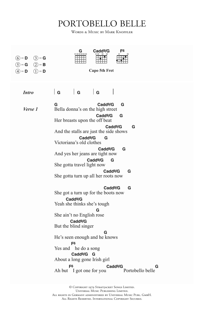 Learn to play Dire Straits Portobello Belle sheet music for Guitar Tab in minutes. Price: 7.8900$ Dire Straits Portobello Belle sheet music notes and chords arranged for Guitar Tab